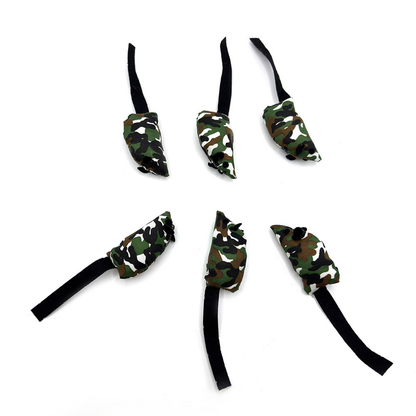 Multicolor camouflage mouse-shaped cat toys arranged in two rows with extended black tails