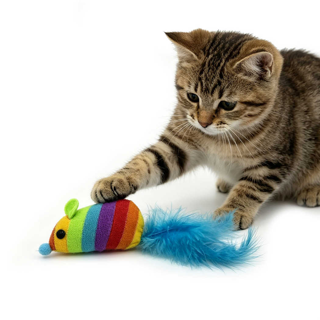 Tabby cat resting a paw on a rainbow-striped mouse-shaped toy with a blue feather tail