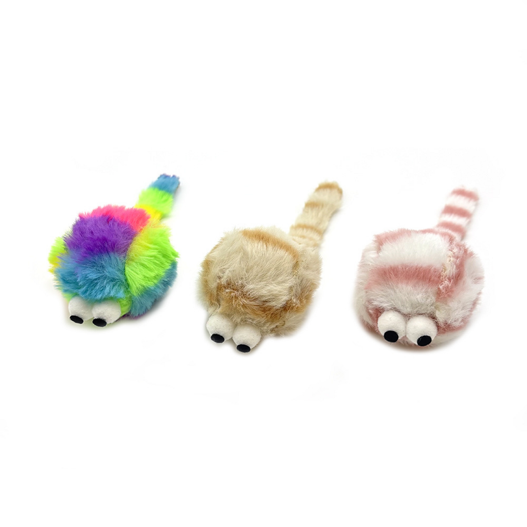 Multicolor, Beige and Pink mouse-shaped cat toys displayed side by side