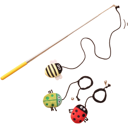 Bee cat teaser wand displayed beside red and green ladybug attachments