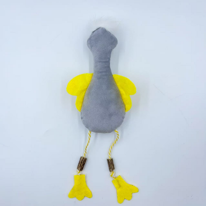 Duck cat toy rear view showing the gray back, yellow wings and two cord legs with webbed feet