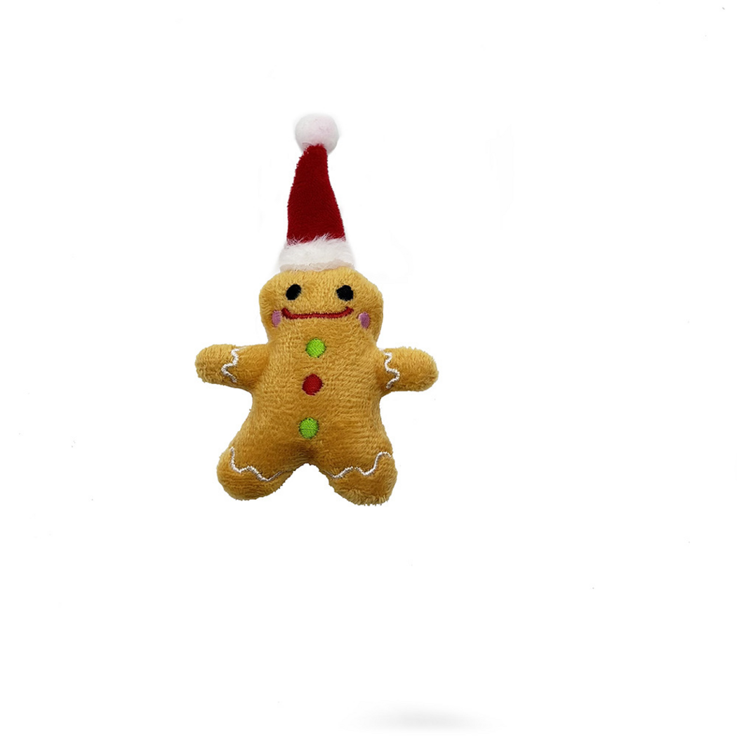 Santa Gingerbread cat toy with a red Santa hat, stitched smile and green and red buttons, front view