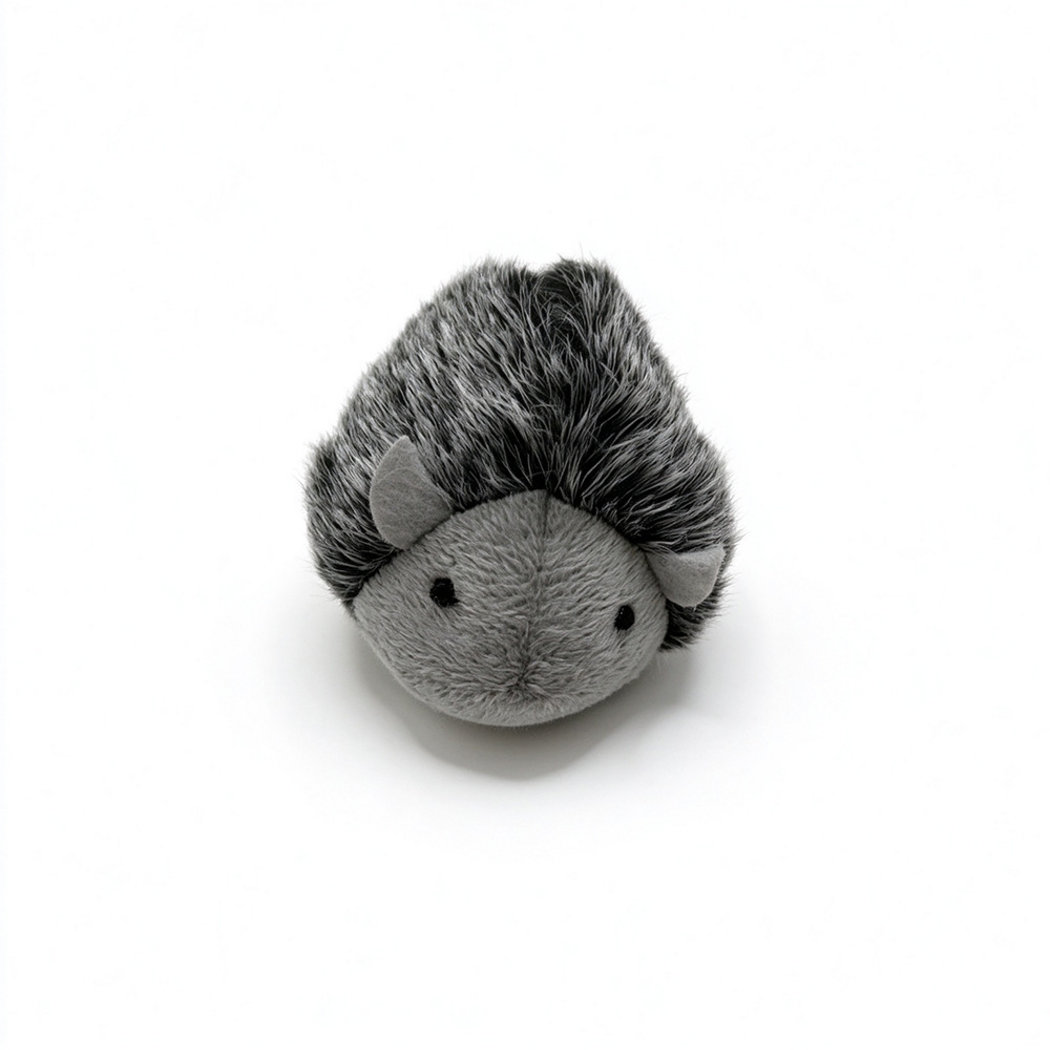 Hedgehog-shaped cat toy with a shaggy dark back and gray rounded face, front view