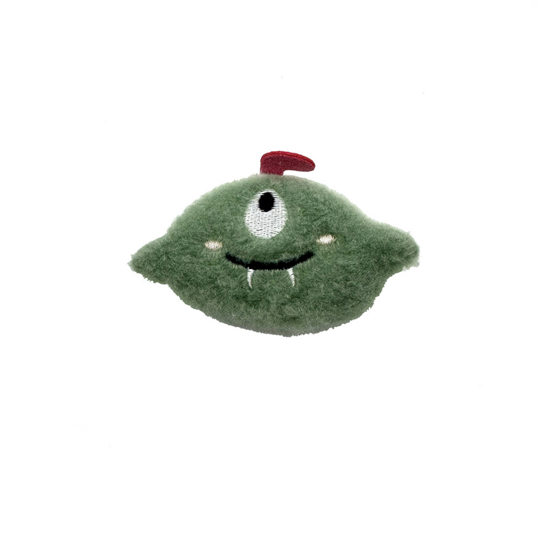 Green One-eyed plush cat toy with a red top appendage and stitched teeth, front view