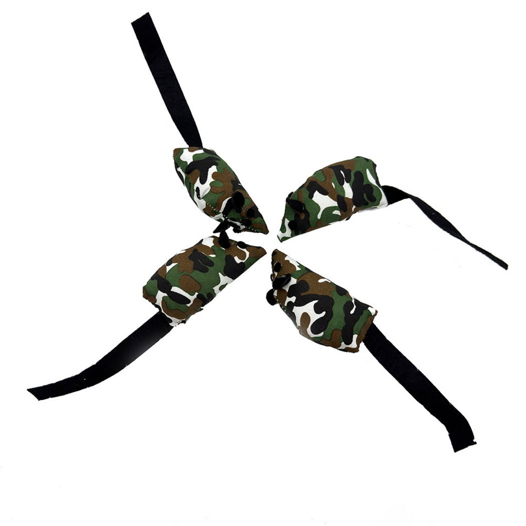 Four Multicolor camouflage mouse-shaped cat toys facing inward with black tails extending outward