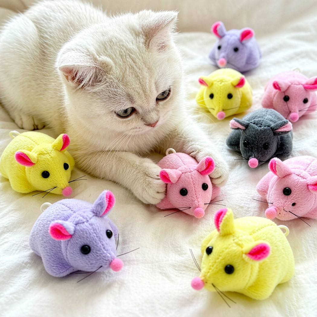 White cat holding a Pink mouse toy between its paws among other mouse toys