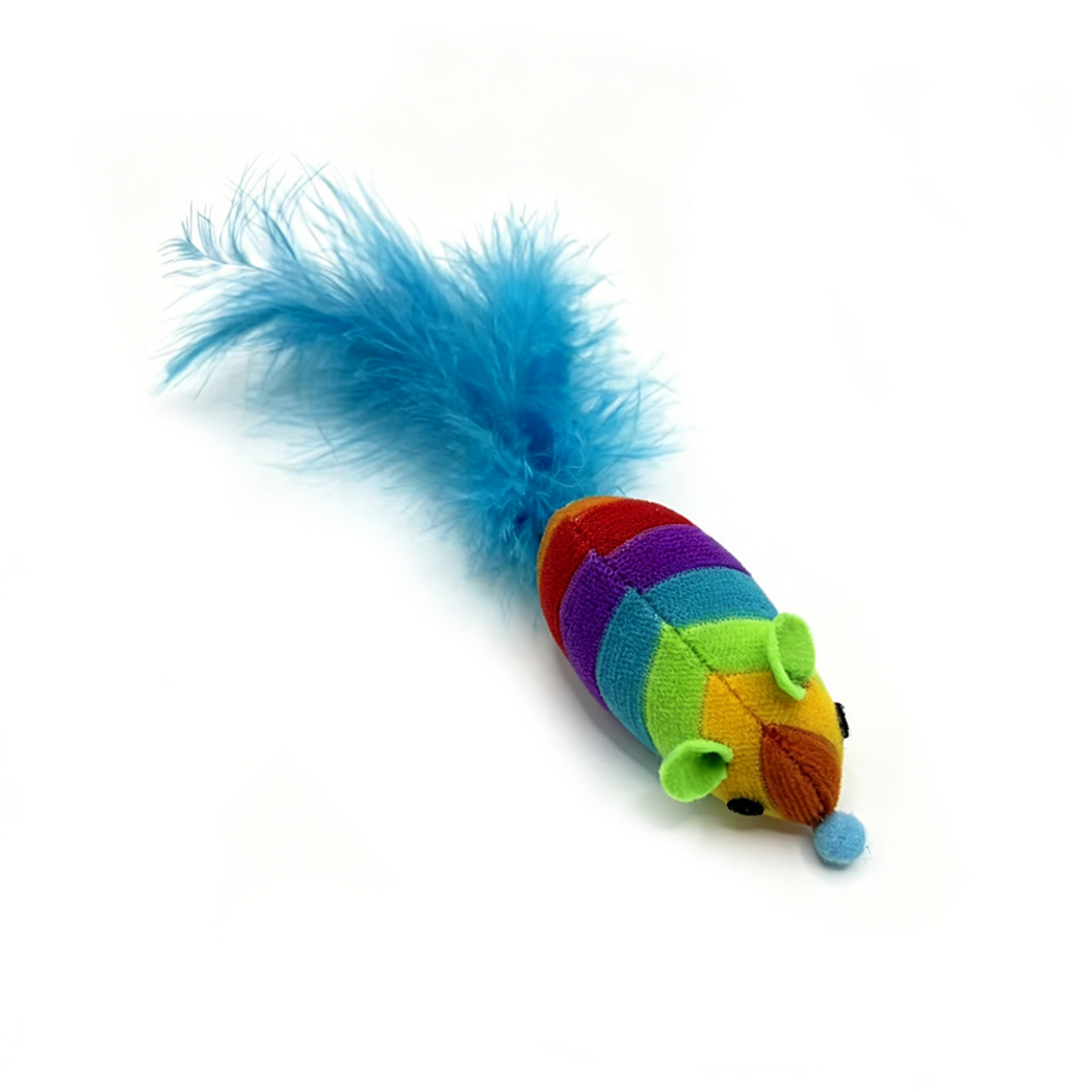 Rainbow-striped mouse-shaped cat toy with a blue feather tail, angled view
