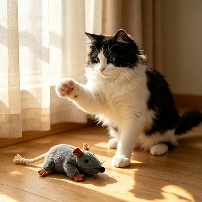 Mouse cat toy beside a seated black and white cat raising a paw near a window