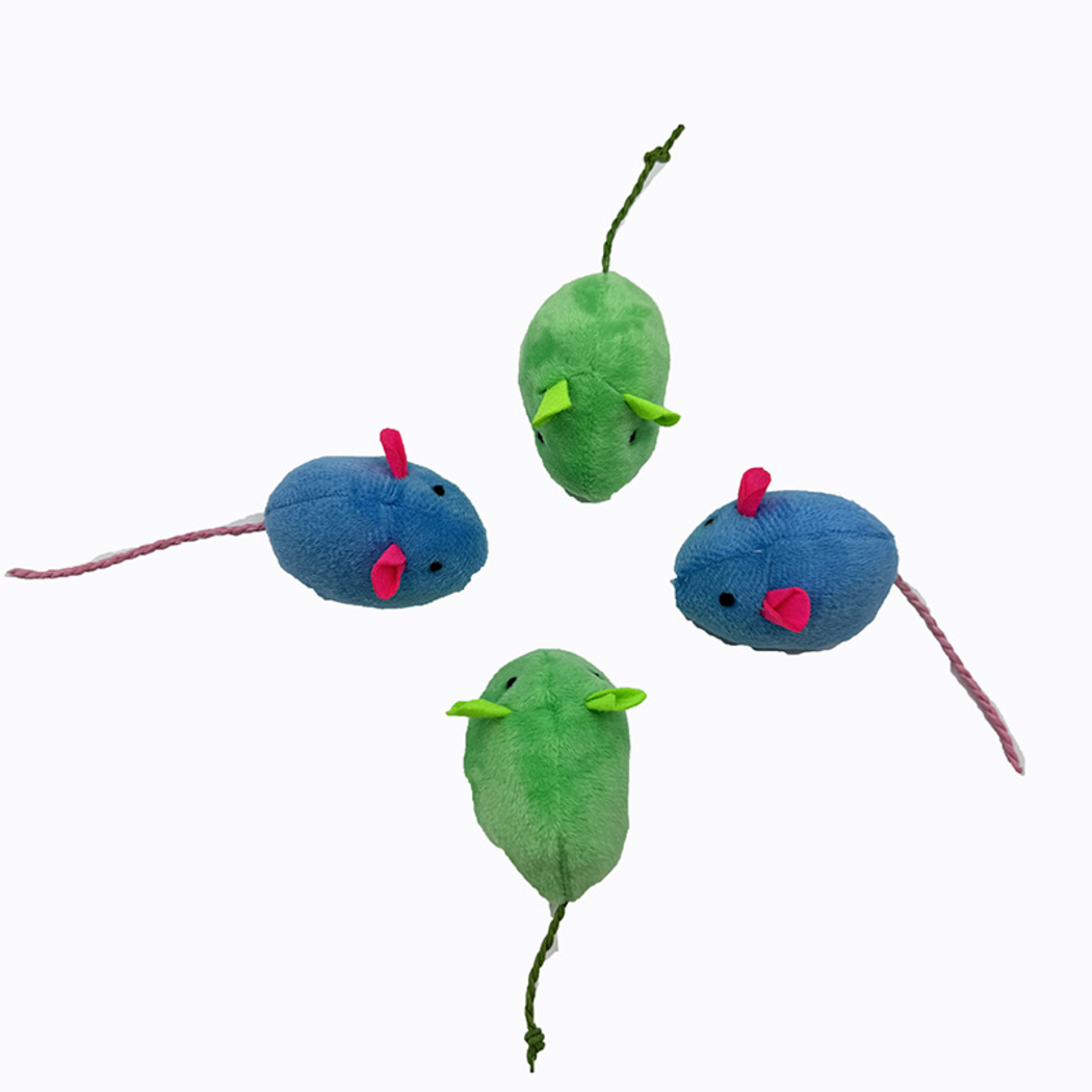 Blue and Green mouse cat toys viewed from above, showing side profiles, back seams and cord tails