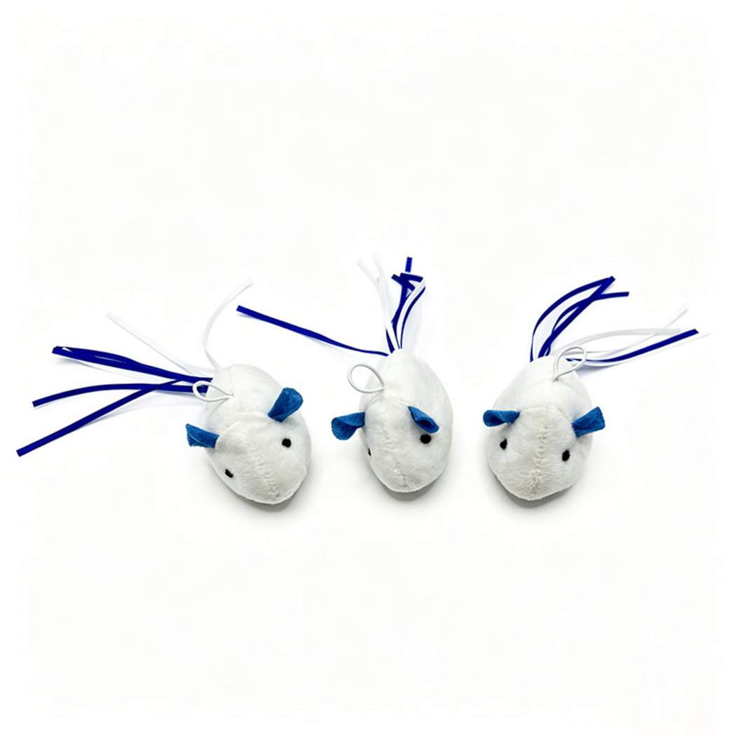 Three mouse-shaped cat toys showing tapered snouts, top loops and trailing ribbons