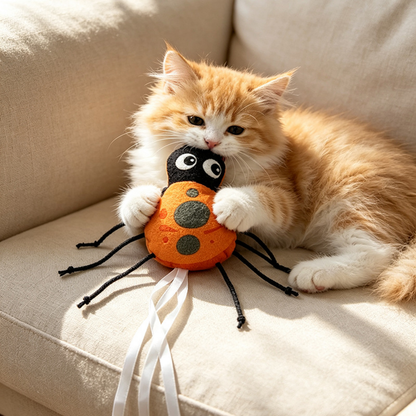 Orange and white cat holding a Ladybug cat toy on a beige sofa