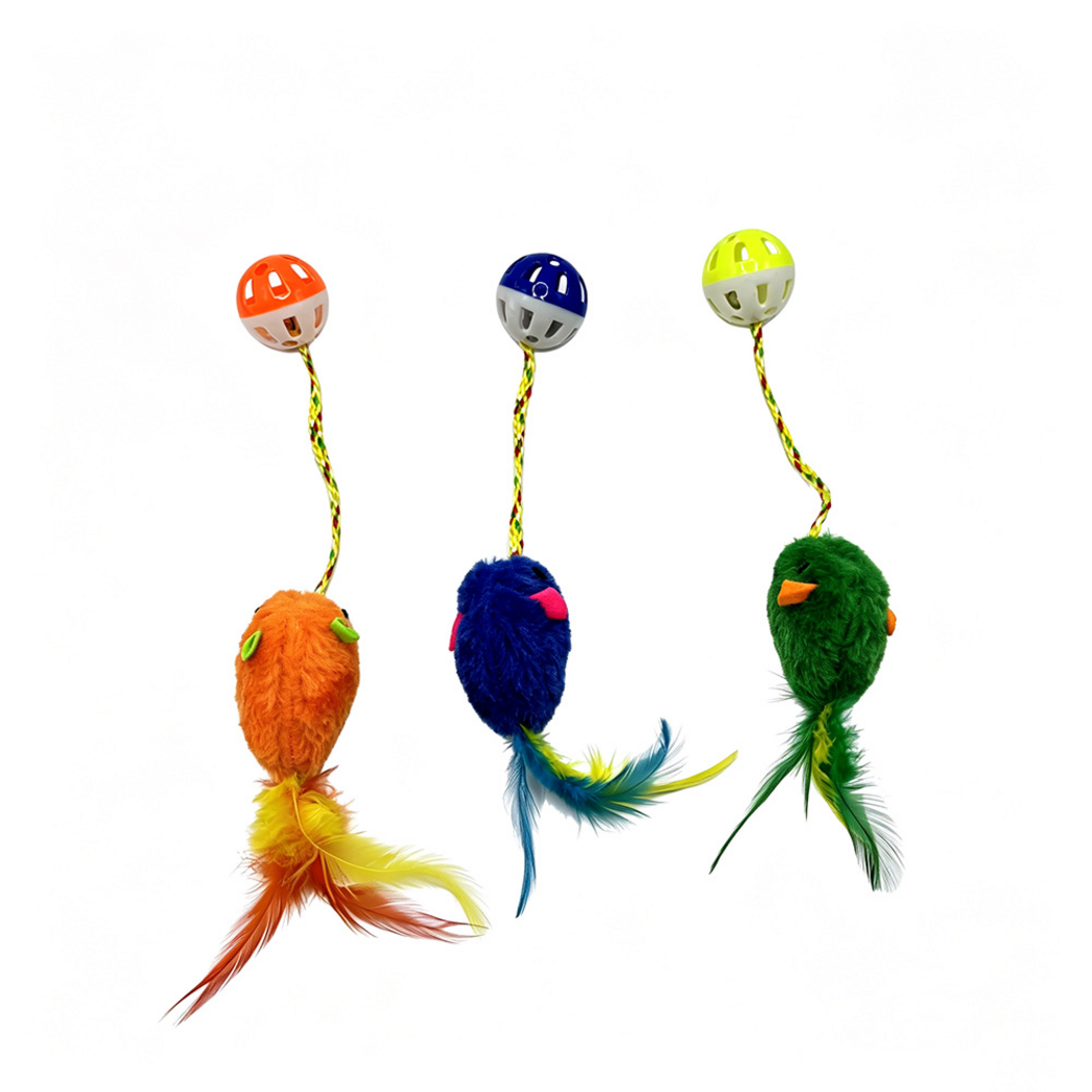 Orange, Blue and Green mouse-shaped cat toys viewed from the back, with attached balls above and feather tails below