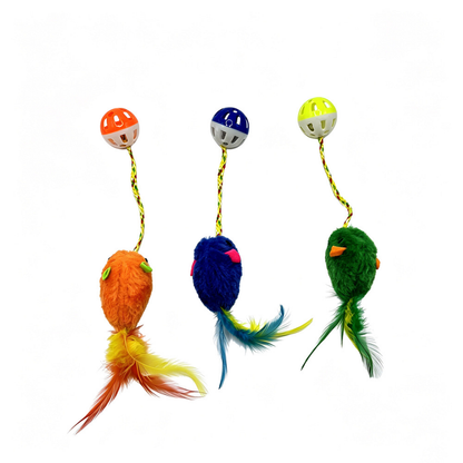 Orange, Blue and Green mouse-shaped cat toys viewed from the back, with attached balls above and feather tails below