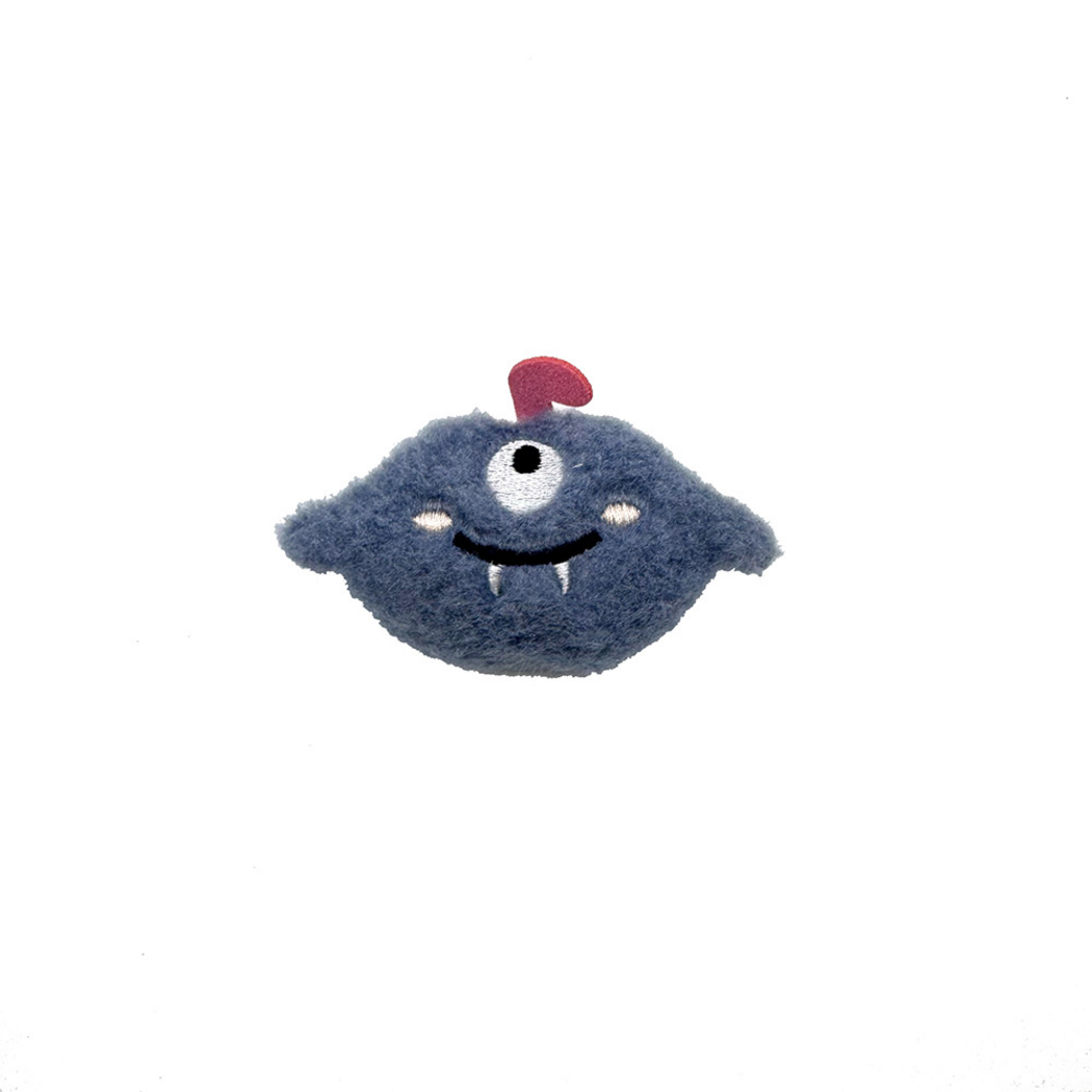 Blue One-eyed plush cat toy with a red top appendage and stitched teeth, front view