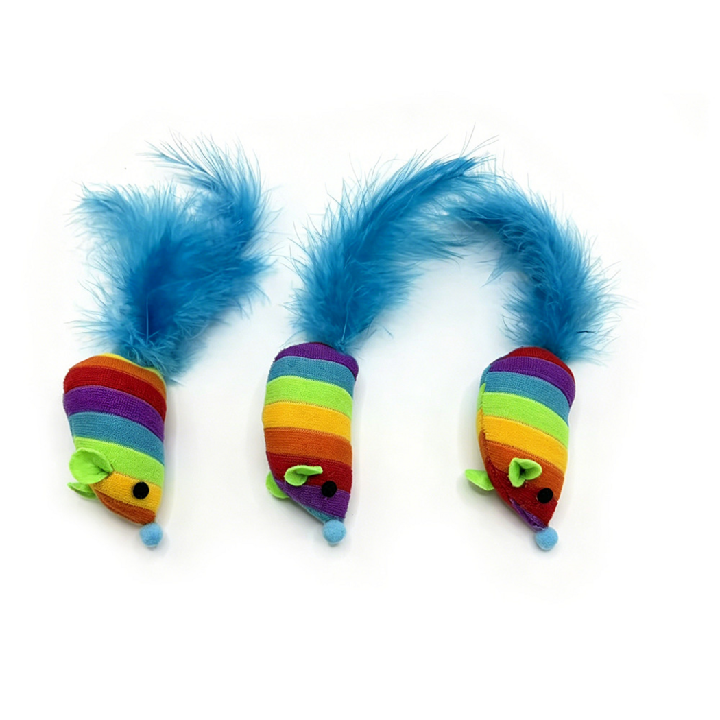 Rainbow-striped mouse-shaped cat toys viewed from above with blue feather tails