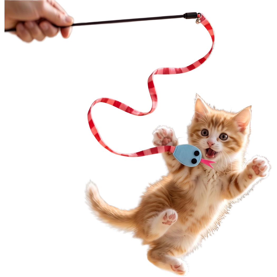 Orange kitten reaching toward a red striped snake wand toy with a blue head