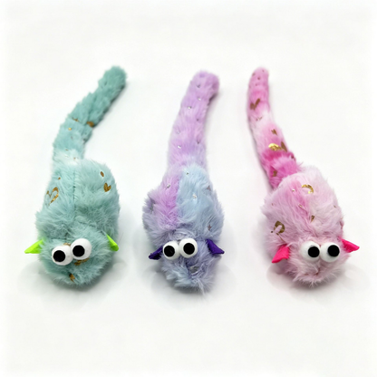 Three mouse-shaped cat toys arranged front-facing with their long tails visible