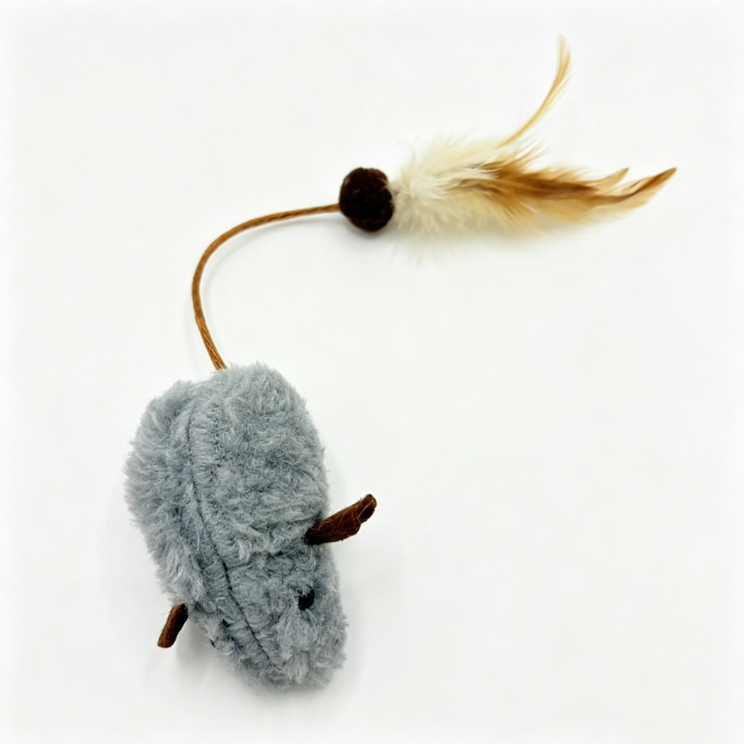 Gray mouse-shaped cat toy shown lengthwise with its cord and feather tail