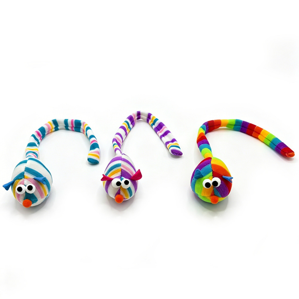 Blue, Purple and Multicolor mouse cat toys with their long striped tails curved behind them