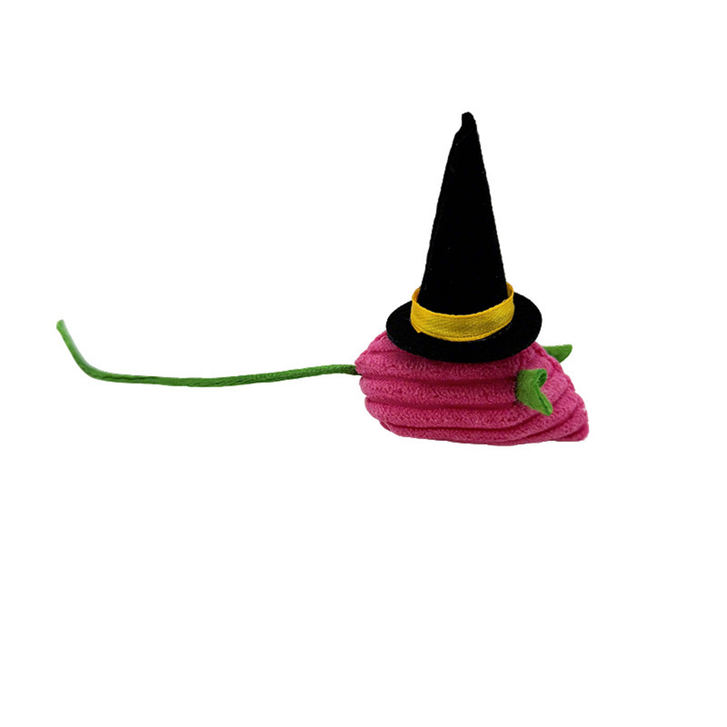 Pink mouse-shaped cat toy facing right, with a black pointed witch hat and green tail extending left