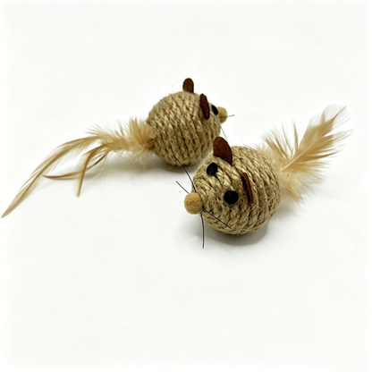 Mouse cat toys in front and rear side views, showing coiled rope covering and pale feather tails