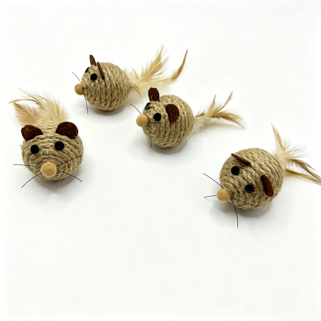 Mouse cat toys viewed from the front and side, showing rounded bodies and feather tails