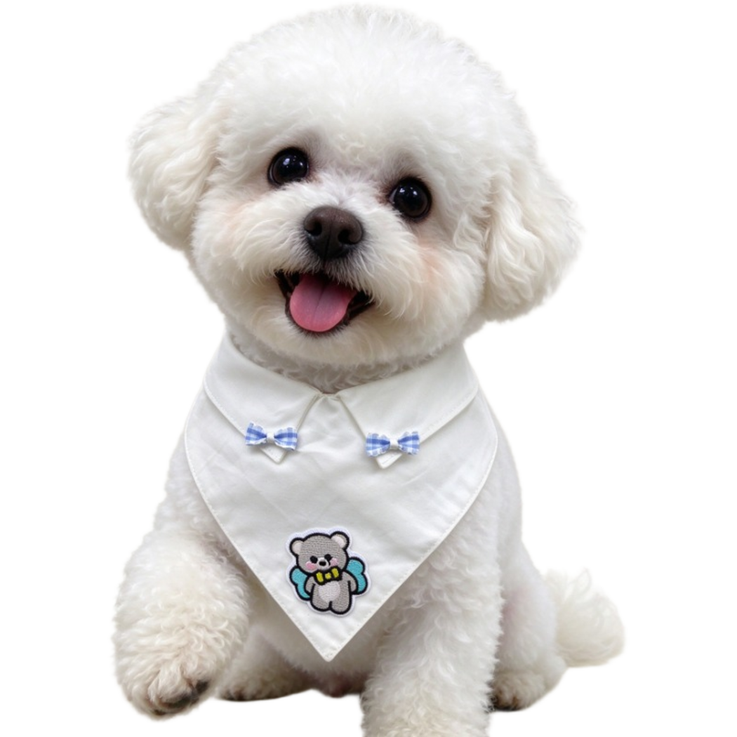 Small white dog wearing white Pet Neckwear with blue gingham bows and a bear appliqué
