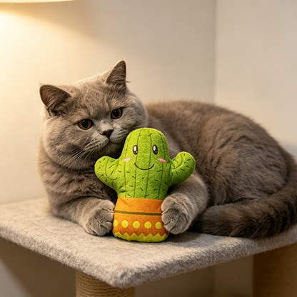Gray cat holding a Cactus cat toy between its front paws