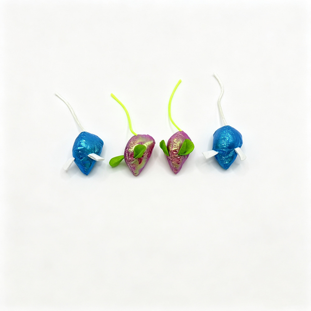 Blue and Purple mouse-shaped cat toys aligned with their cord tails pointing upward