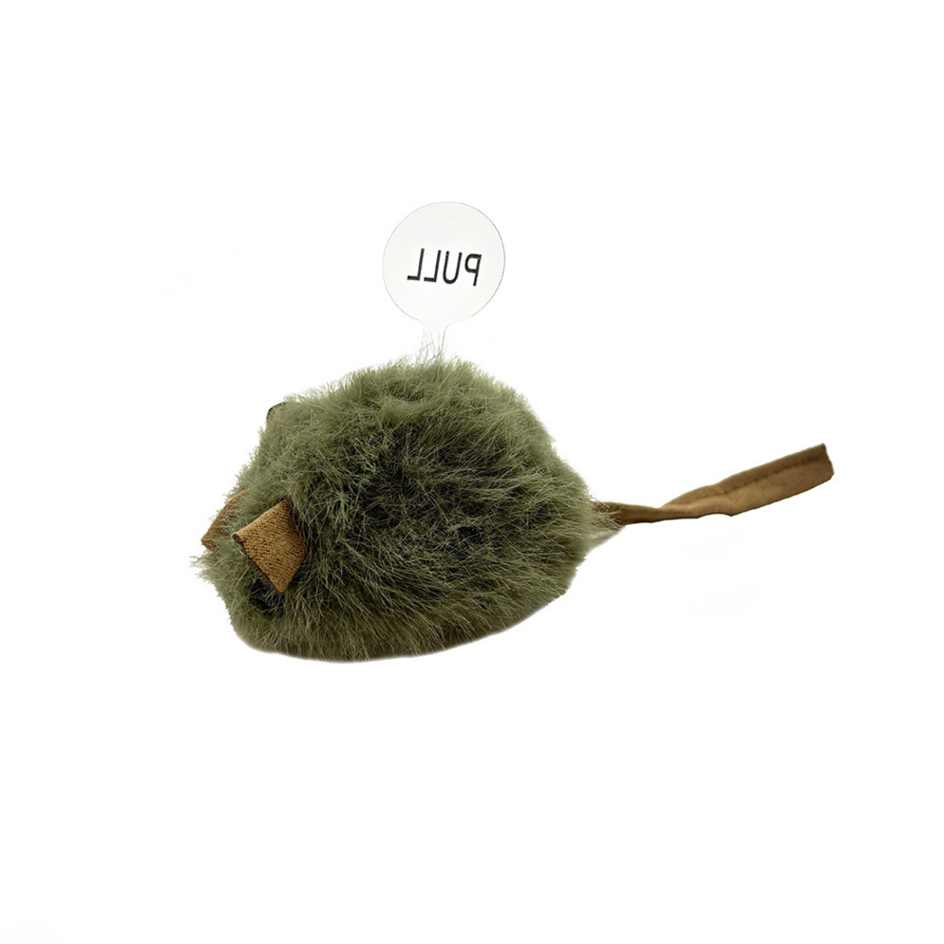 Army Green mouse-shaped cat toy in side view with a long brown tail and transparent PULL tab