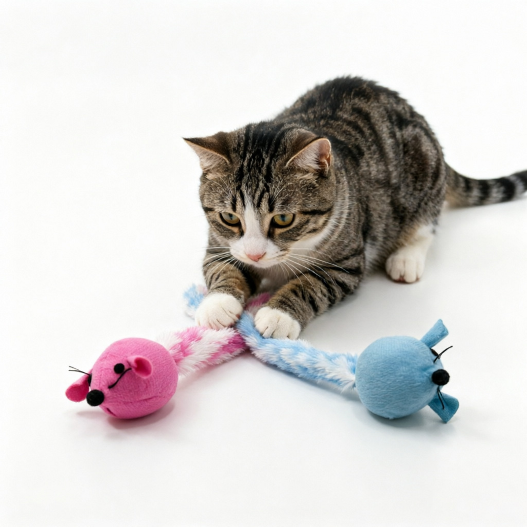 Cat holding the crossed tails of Pink and Blue mouse-shaped cat toys under its paws