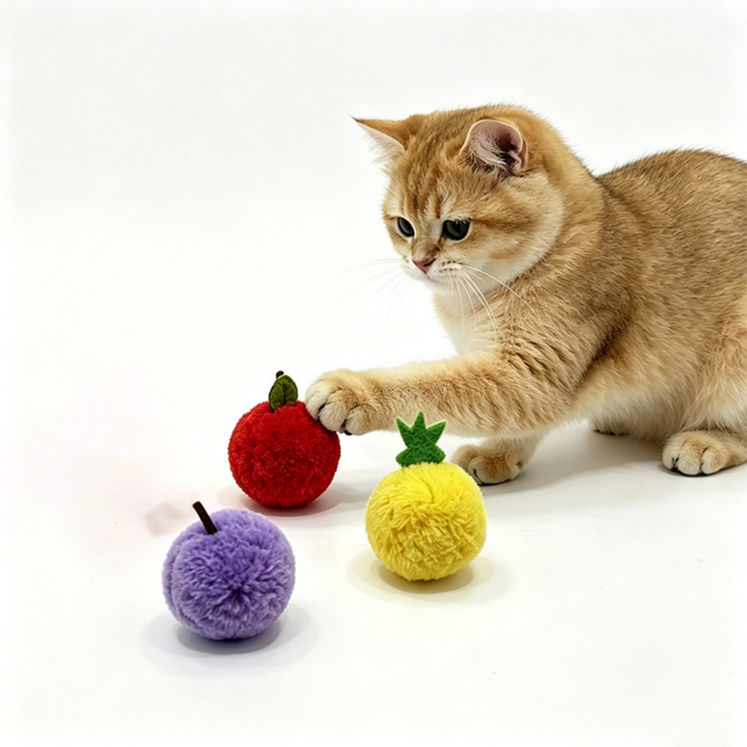 Cat touching a red ball cat toy beside purple and yellow fruit-shaped toys