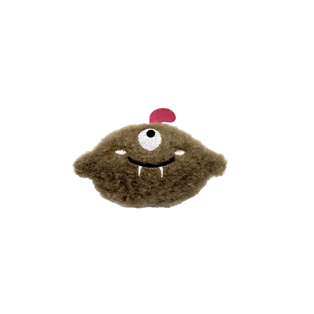 Brown One-eyed plush cat toy with a red top appendage and stitched smile, front view