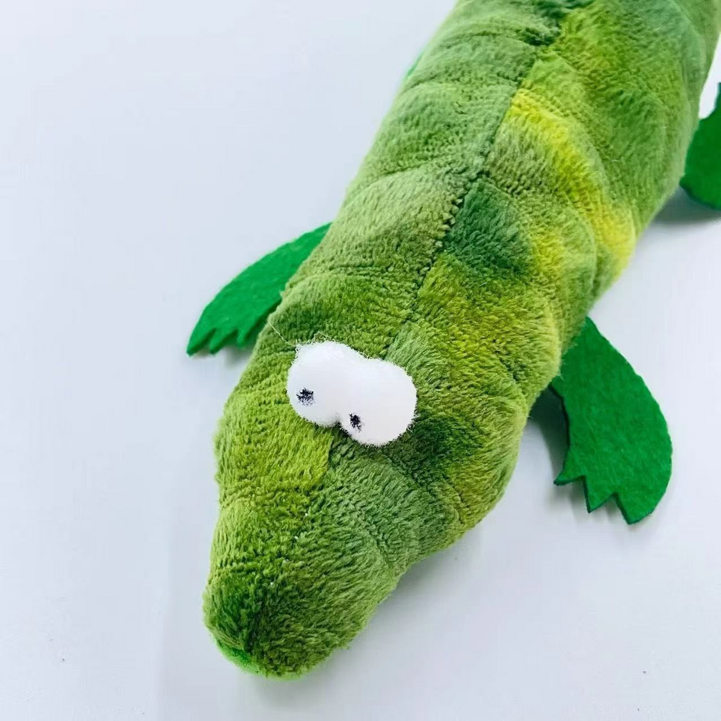 Close-up of the Crocodile cat toy's snout, white eyes and front legs