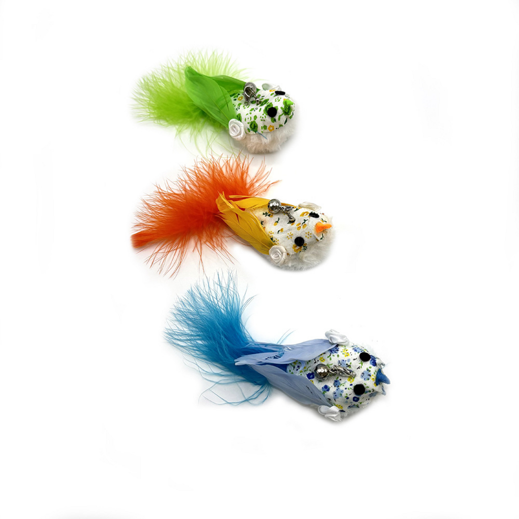 Green, Orange and Blue bird-shaped cat wand replacement heads viewed from above