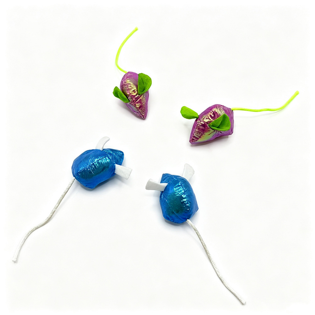 Blue and Purple mouse-shaped cat toys viewed from above at varied angles