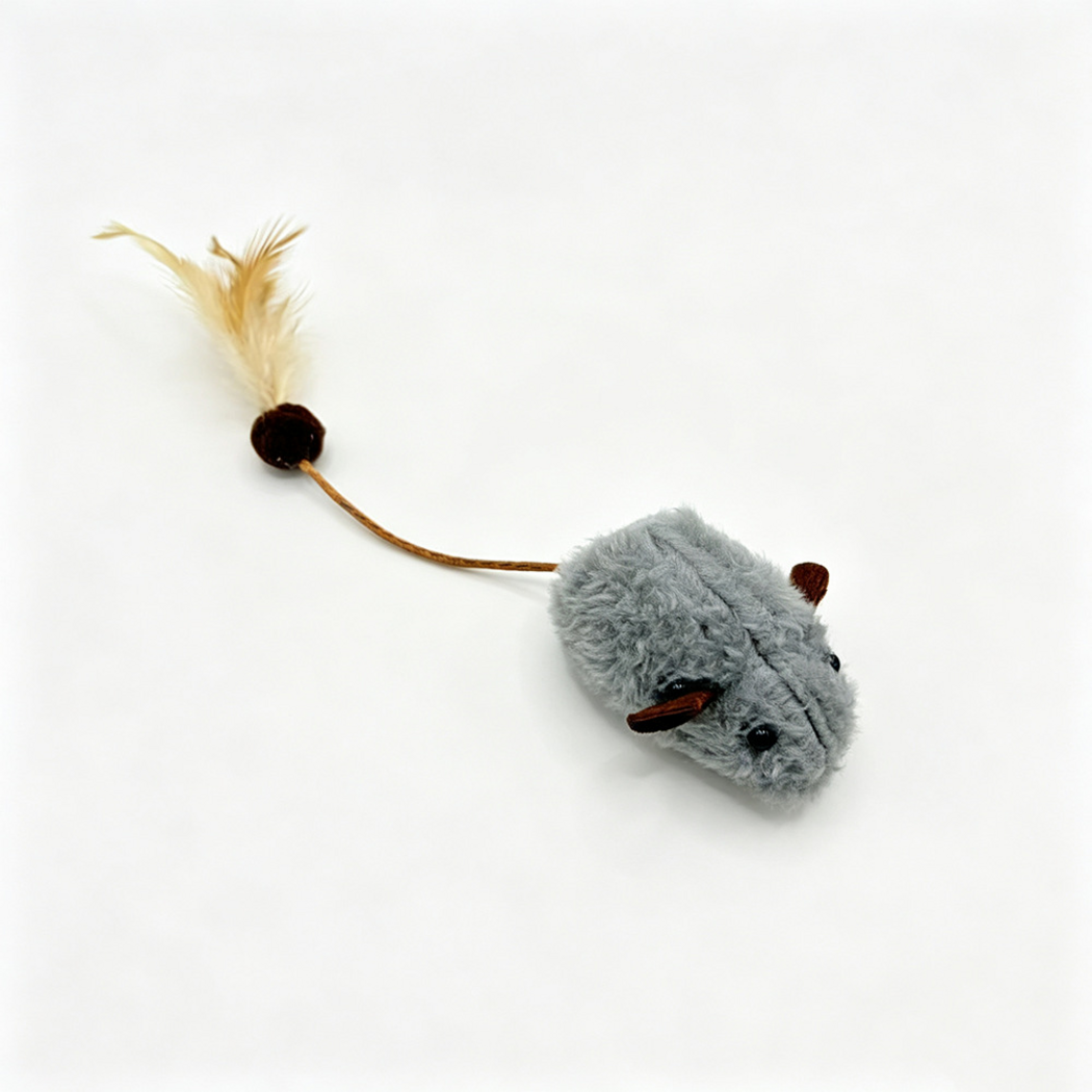 Gray mouse-shaped cat toy with a cord, pom and feather tail on white