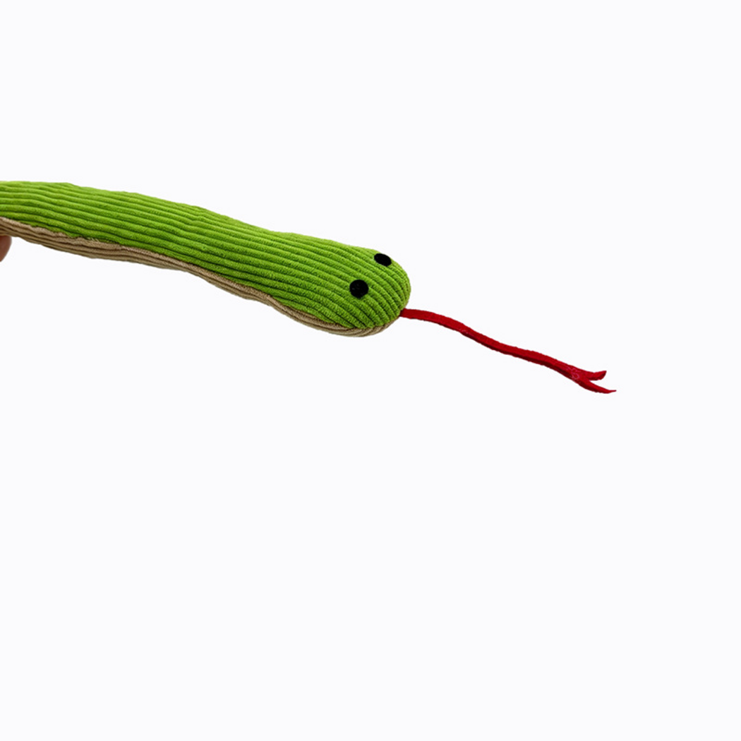 Close-up of a green snake-shaped cat toy's black eyes and extended red forked tongue