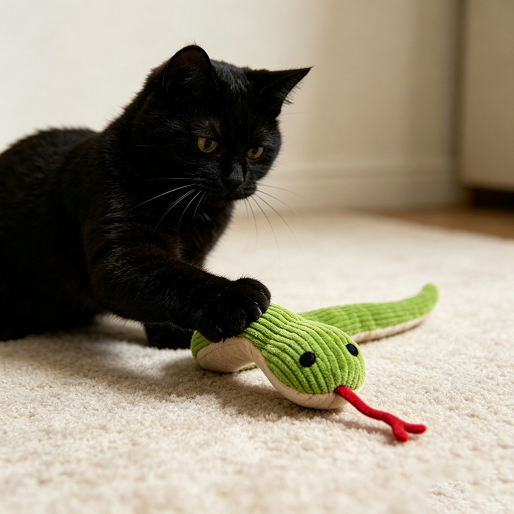 Black cat resting a paw on a green snake-shaped cat toy on a cream rug