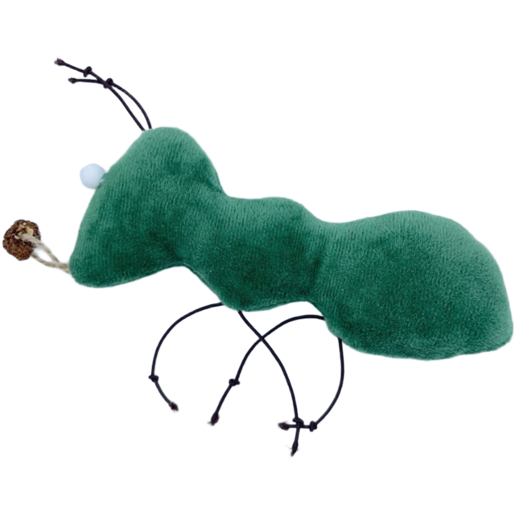 Green ant-shaped cat toy in side view showing three connected body sections and knotted cord legs