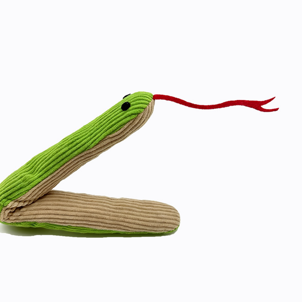 Folded green snake-shaped cat toy showing its beige ribbed underside and red tongue