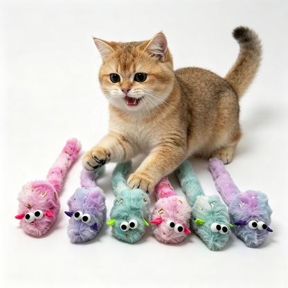 Cat reaching toward a row of colorful mouse-shaped cat toys