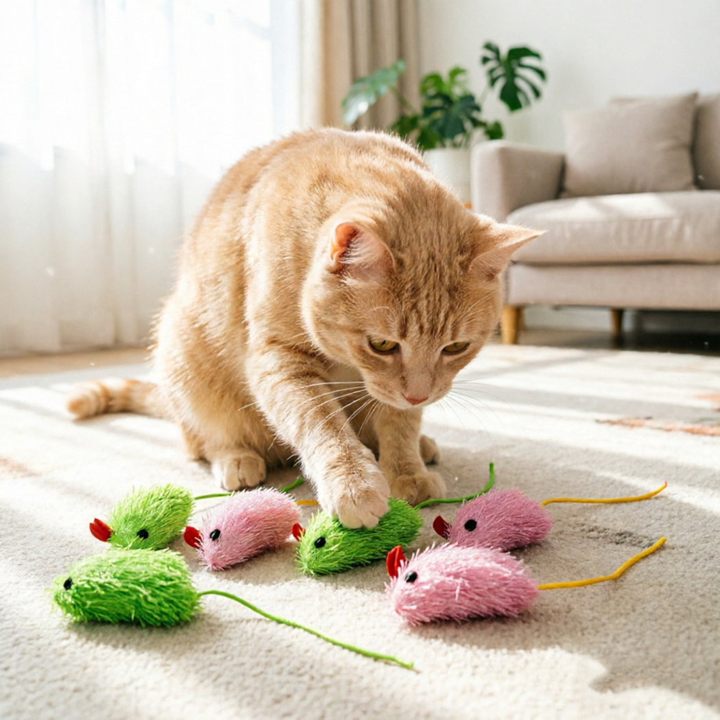 Orange cat reaching one paw onto a green mouse-shaped toy beside pink and green toys on a rug