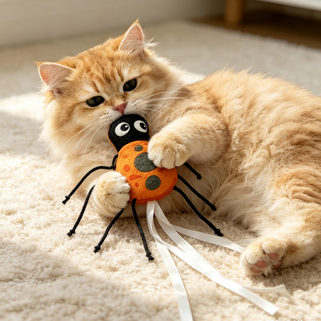 Orange cat holding a Ladybug cat toy between its paws on a cream rug