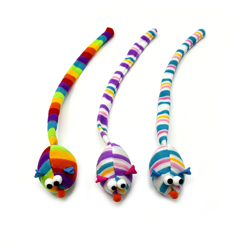Multicolor, Purple and Blue mouse cat toys viewed from above with extended tails