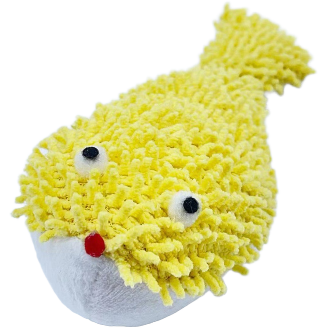 Pufferfish cat toy in an angled front view with raised eyes, a red facial accent and a white underside