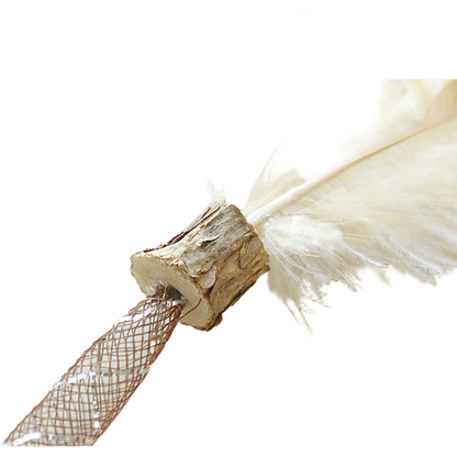 Close-up of the feather attachment on the teaser wand