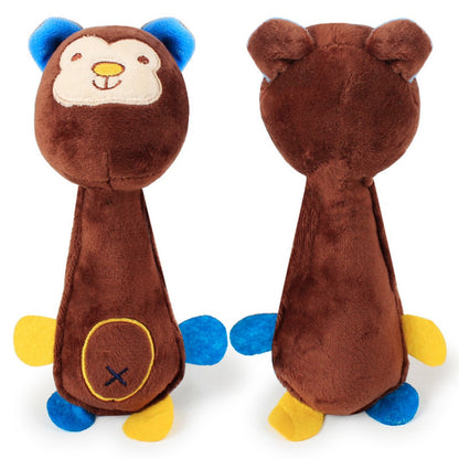 Petkin squeaky plush dog toy held in hand to show size and softness