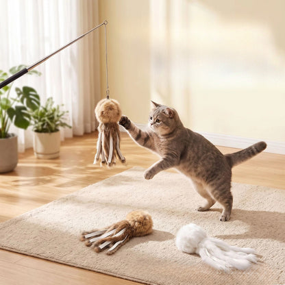 MOO Rabbit Fur Cat Wand Toy Set