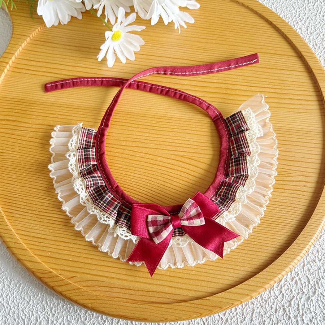 Mokka - Plaid Lace Trim Bow Pet Collar